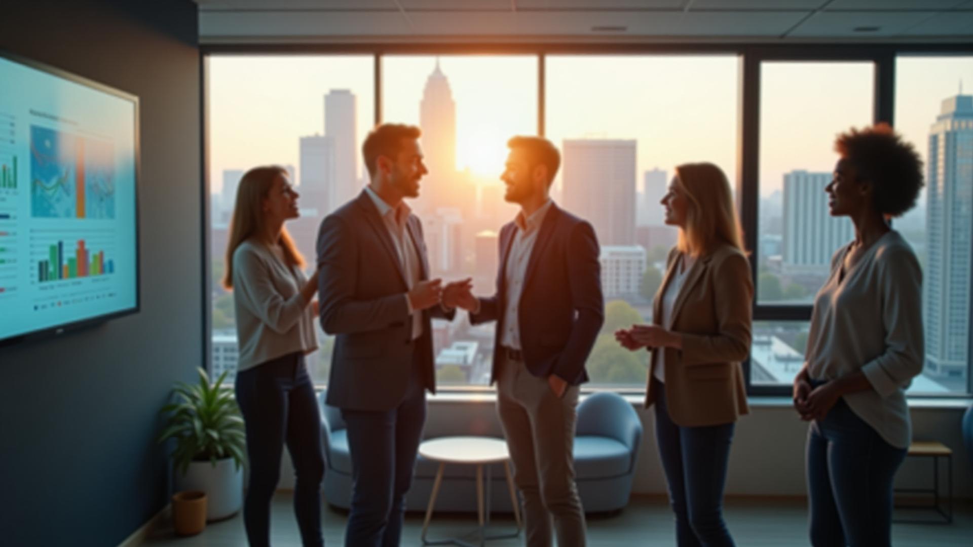 Diverse team at Gable Growth collaborating in a bright, modern office overlooking the Boston skyline