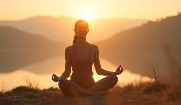 A tranquil image of a woman aged 40-45 meditating outdoors at sunrise, with soft, diffuse light and a serene expression.