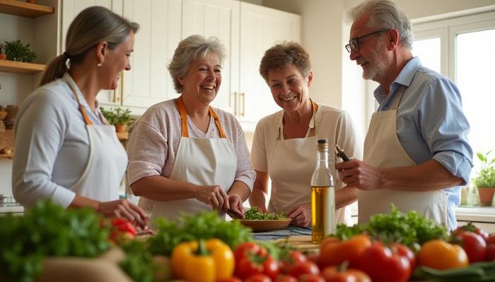 A diverse group of adults aged 40-50, smiling and preparing fresh, colorful Mediterranean-inspired meal in a bright, modern kitchen. Focus on vibrant vegetables and healthy oils.