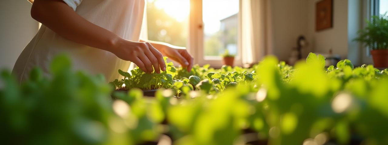 Person tending to a thriving indoor garden, symbolizing sustainable and mindful living practices.