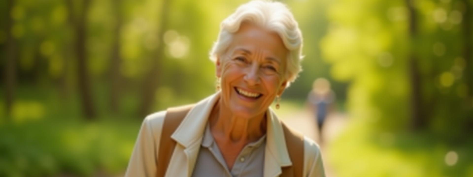 Vibrant older adult (60s+) hiking with a confident and joyful expression, surrounded by lush, green nature, symbolizing healthy aging and vitality.