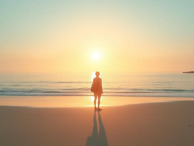 Person walking on a pristine beach, looking out at the ocean, embodying mindful and responsible travel